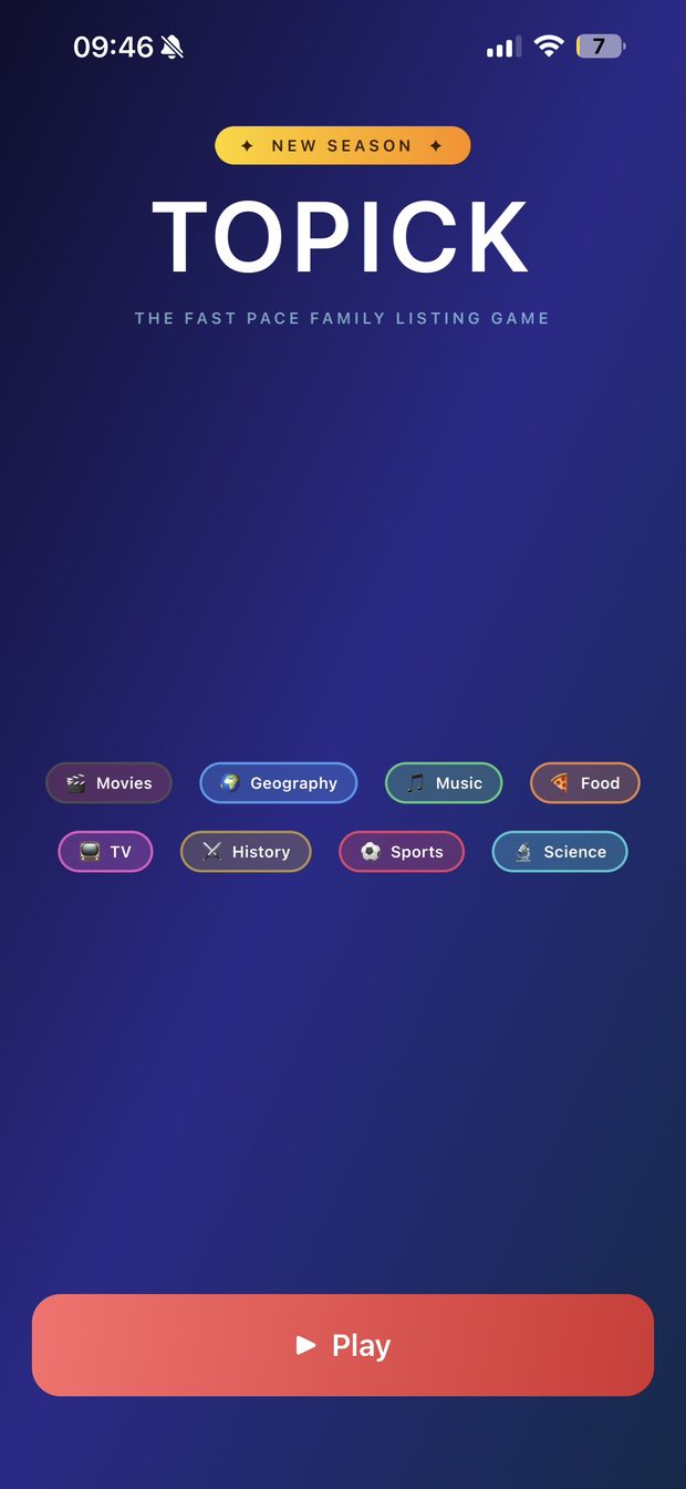 Topick start screen with the nine categories