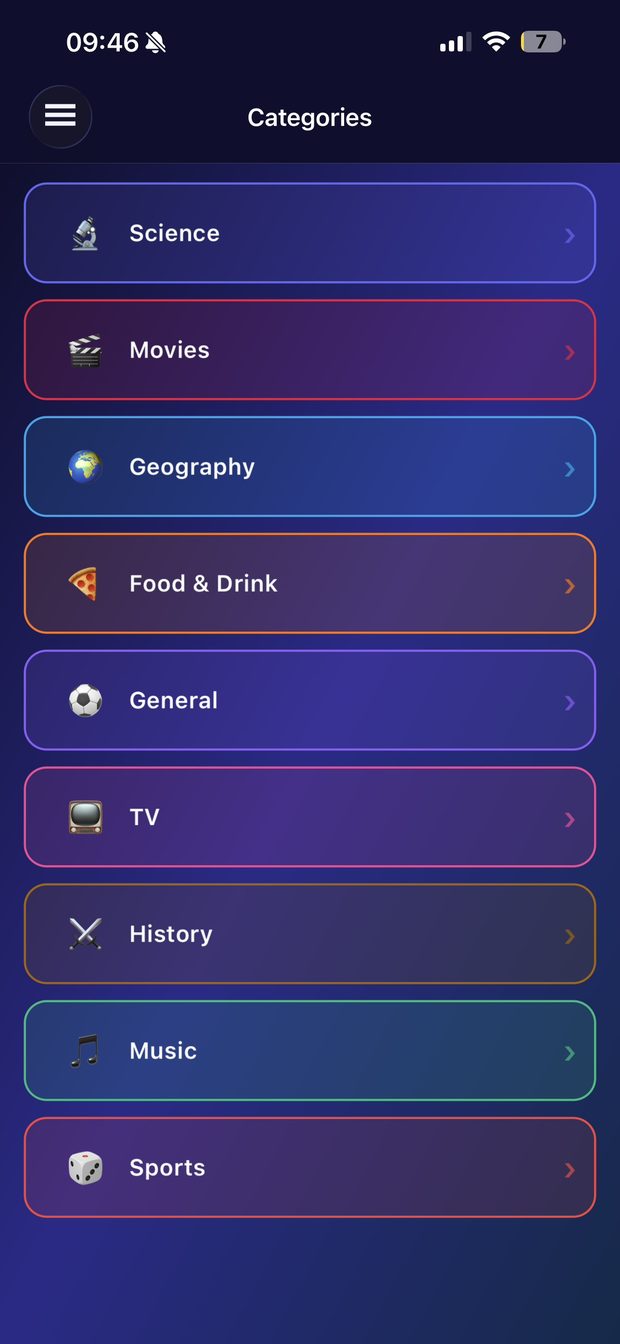 The category list: Science, Movies, Geography, Food & Drink and more