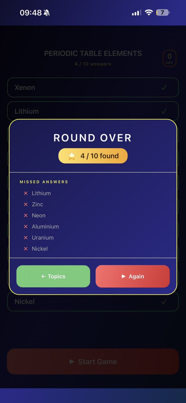The round over card showing missed answers